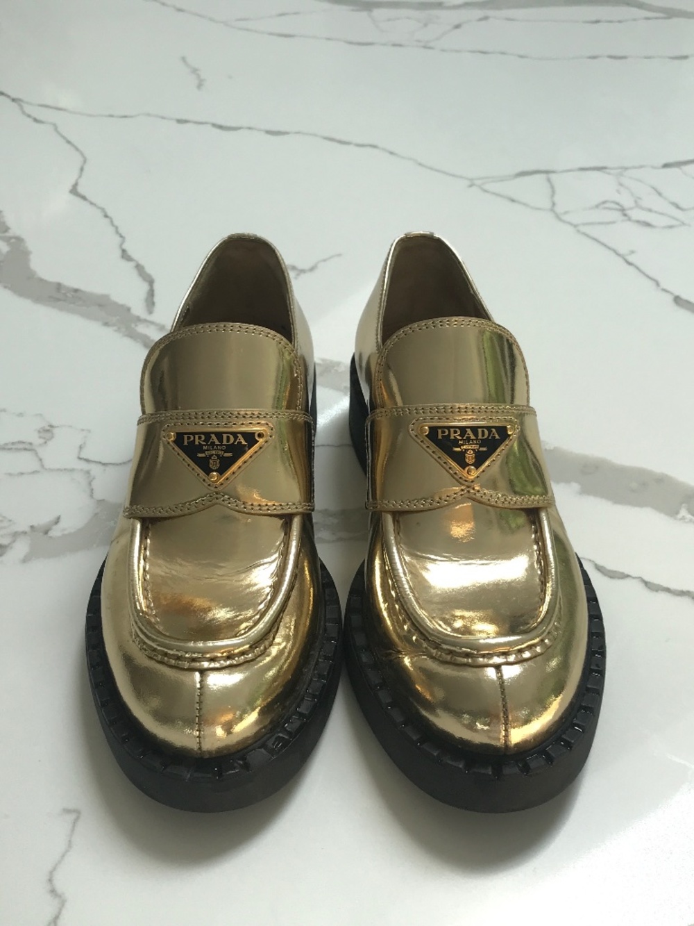 Prada Metallic Gold Loafers Sz 36